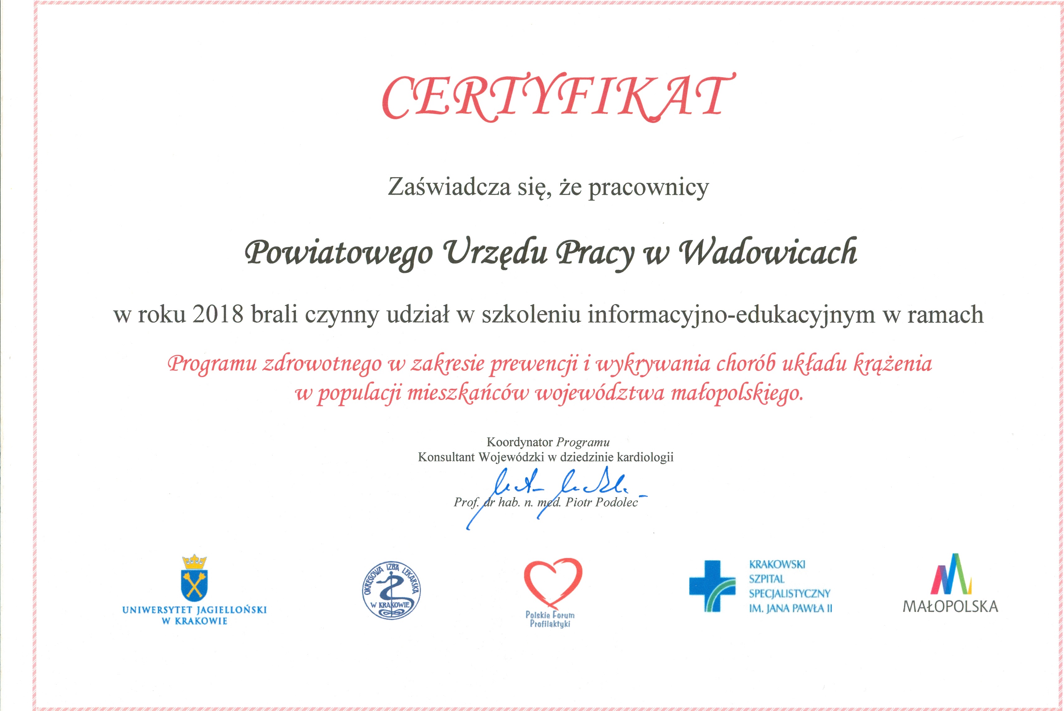 Pracownicy Powiatowego Urzędu Pracy w Wadowicach uczestniczyli w szkoleniu informacyjno-edukacyjnym w ramach programu zdrowotnego w zakresie prewencji i wykrywania chorób układu krążenia