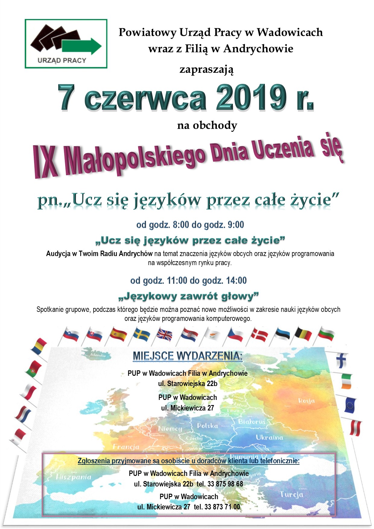 Plakat Małopolskiego Dnia Uczenia się które odbędą się dnia 7 czerwca 2019 roku osoby zainteresowane prosimy o kontakt 33 875 98 68 lub 33 873 71 00