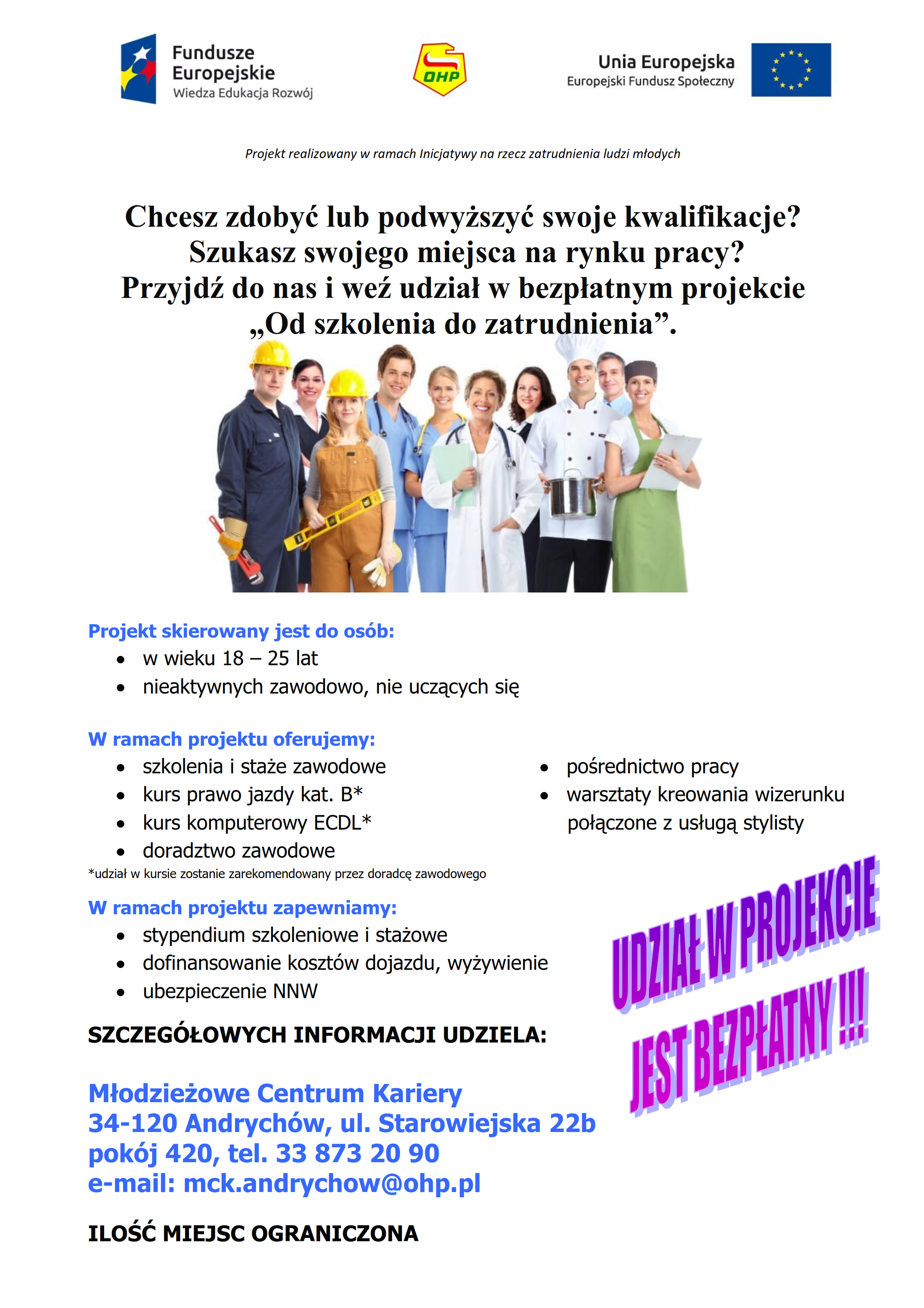 Plakat projektu od szkolenia do zatrudnienia