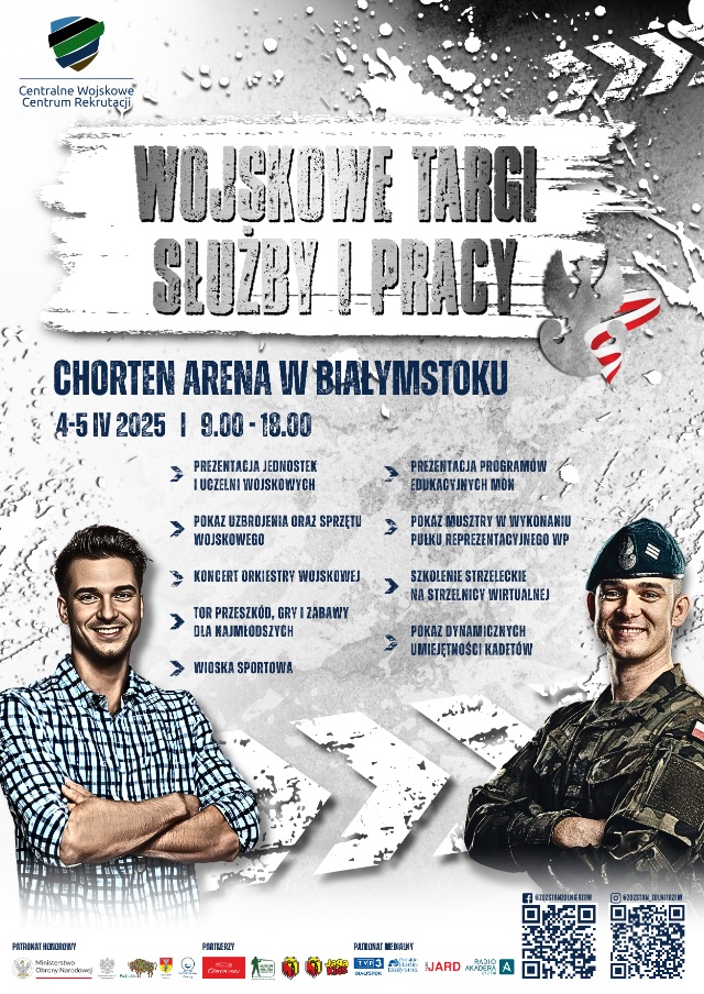 Plakat informacyjny - wojskowe targi służby i pracy, dwie osoby na plakacie. 